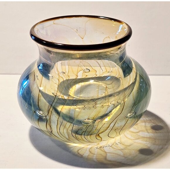 Dabanian Karnig Handblown Art Glass bowl Iridescent Gold & Blue Swirl Design w/T - Picture 2 of 9